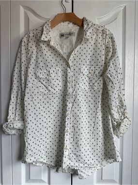 Women’s Button-Down Shirt 100% Cotton Delicate Navy Print Roll Tab Sleeves XL